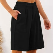 Womens Wide Leg Cotton Linen Shorts Comfy Bermuda Shorts Summer Casual Short Pants Loose Knee Length Shorts Black M